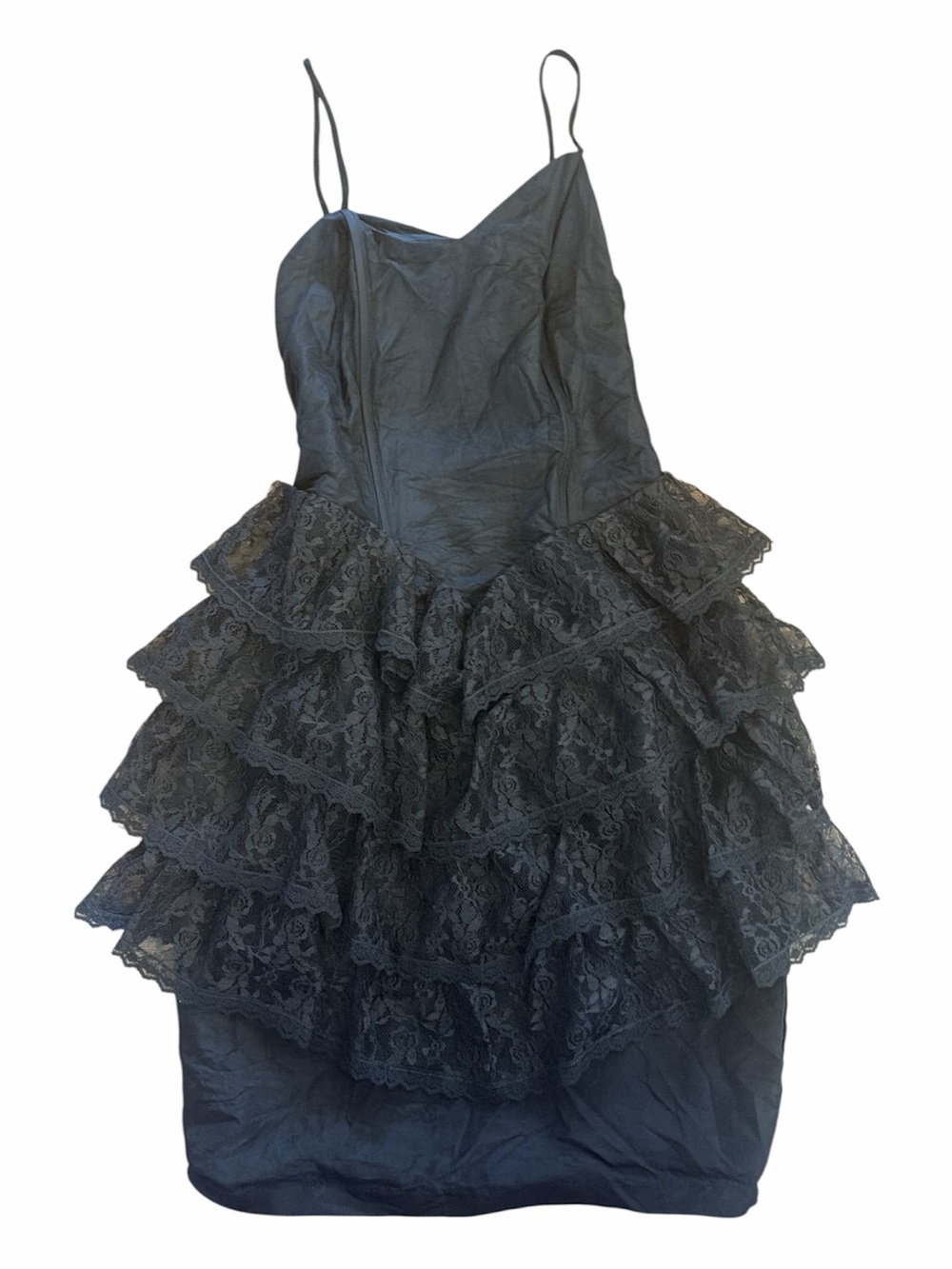 Vintage Black Tiered Lace Ruffle Mini Whimsigoth 80s Dress Small